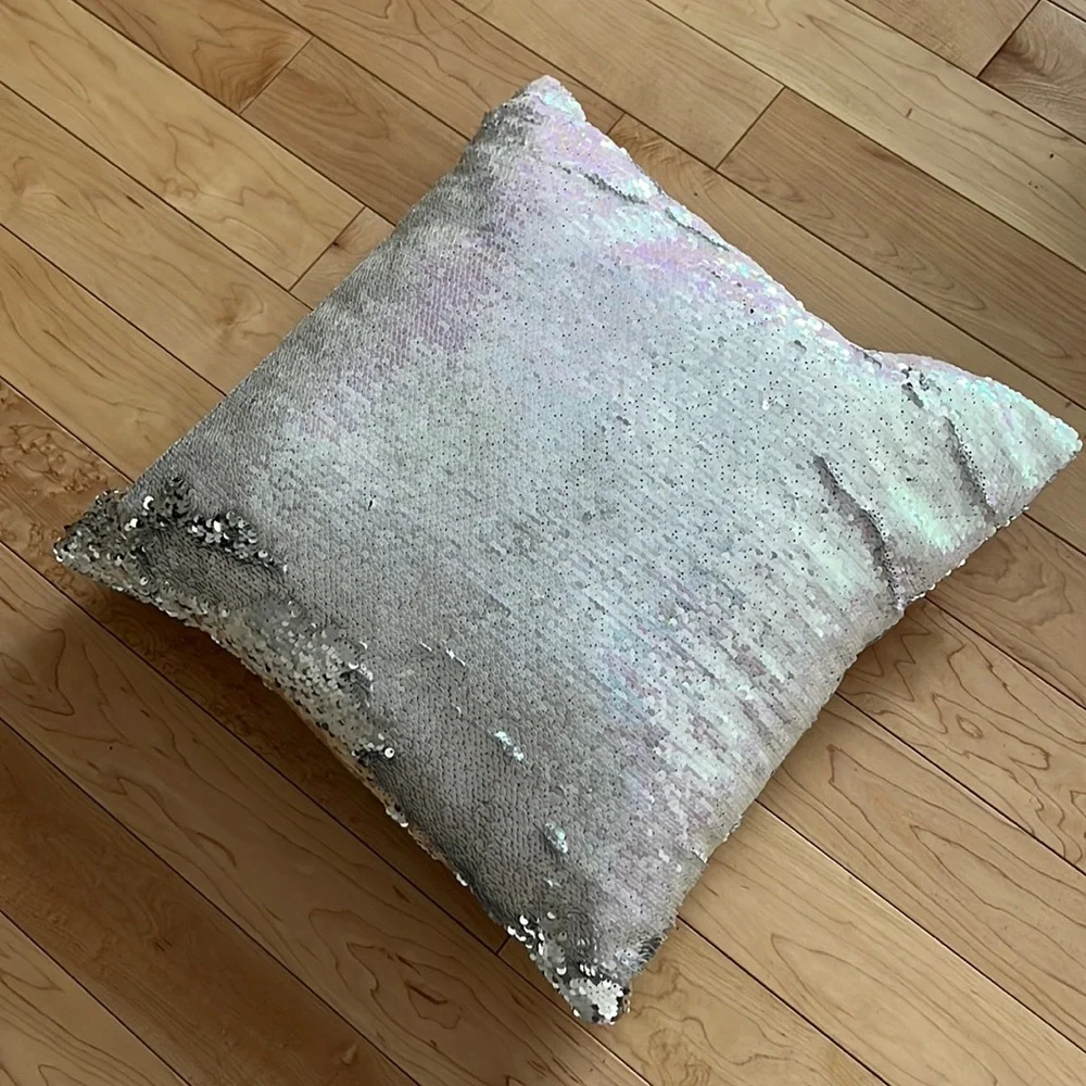 Decorative Pillow, Sequins Silver White with Grey Suede Back. Accent Pillow,
